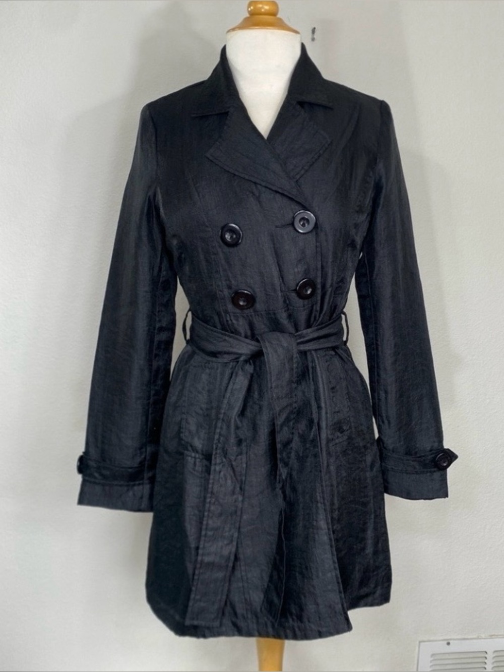 Buffalo David Bitton Women's Black Belted Trench Coat Size Small Classic Preppy